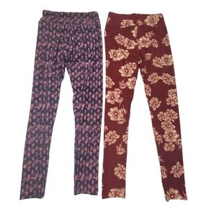 Lot of 2 Lularoe Leggings One Size Pink Purple‎ Deep Red Creme Floral Pattern